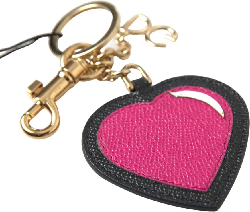 Keyring Dolce & Gabbana Black Fuchsia Heart Leather Gold Metal Keychain