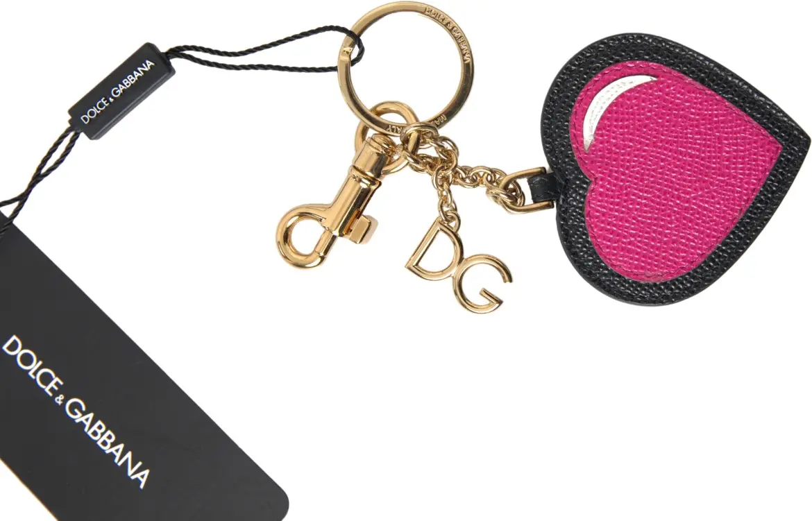 Keyring Dolce & Gabbana Black Fuchsia Heart Leather Gold Metal Keychain