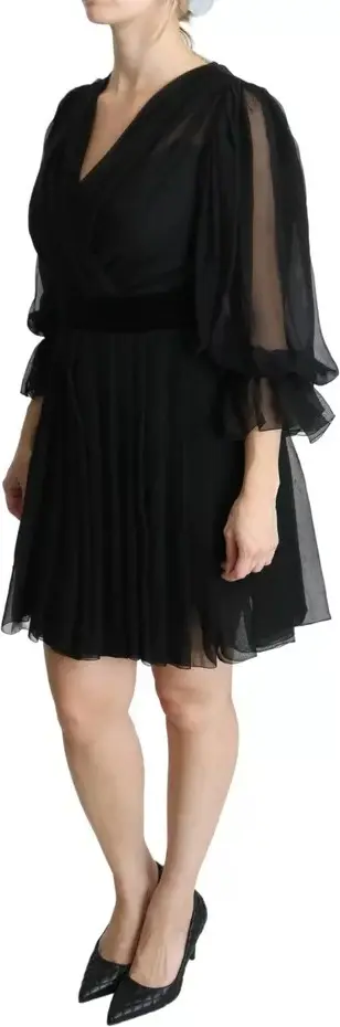 Black Mesh Pleated Mini Silk Blend Dress by Dolce & Gabbana