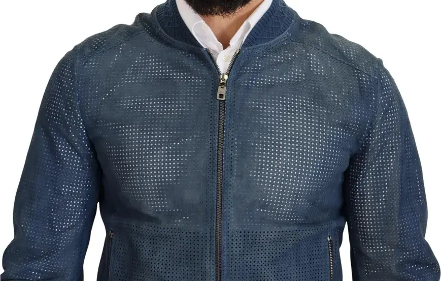 Blue Leather Perforated Full Zip Jacket Dolce & Gabbana