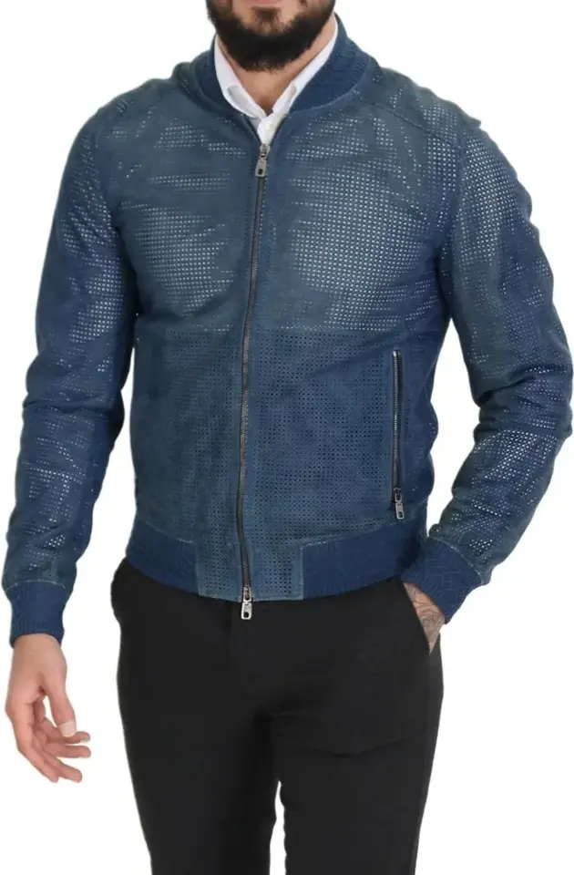 Blue Leather Perforated Full Zip Jacket Dolce & Gabbana