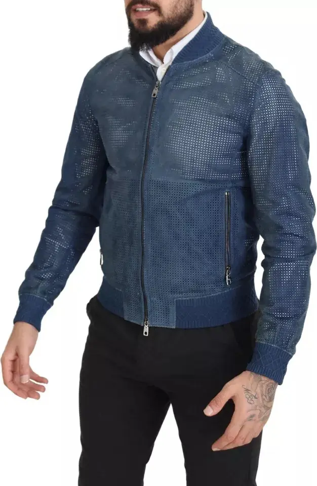 Blue Leather Perforated Full Zip Jacket Dolce & Gabbana