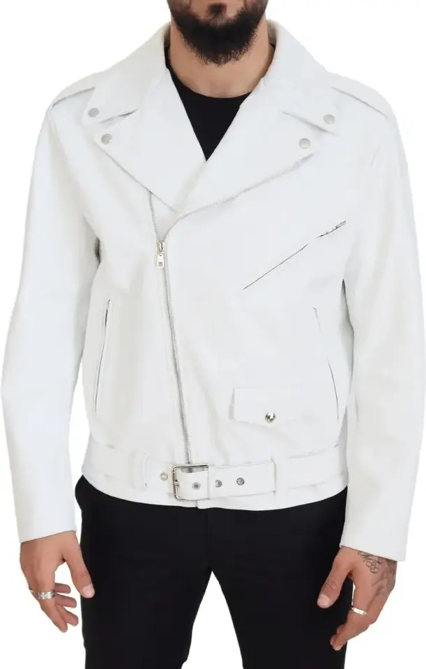 White Leather Biker Coat Zipper Jacket Dolce & Gabbana