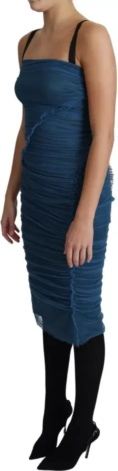 Blue Draped Tulle Midi Sheath Cotton Dress Dolce & Gabbana