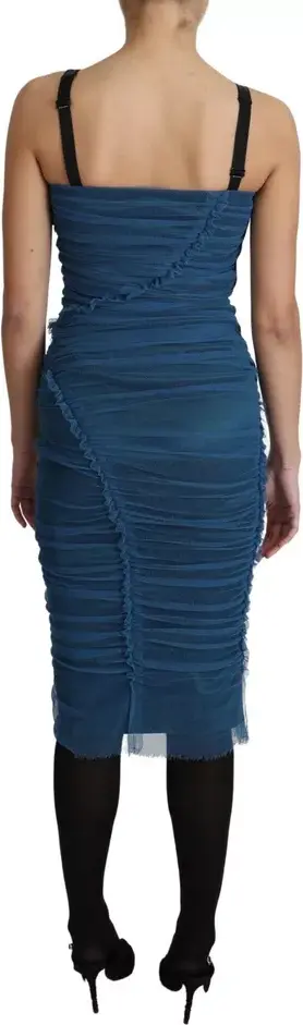 Blue Draped Tulle Midi Sheath Cotton Dress Dolce & Gabbana
