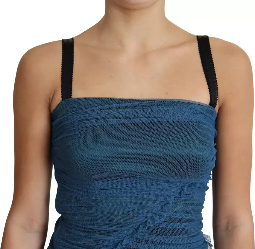 Blue Draped Tulle Midi Sheath Cotton Dress Dolce & Gabbana