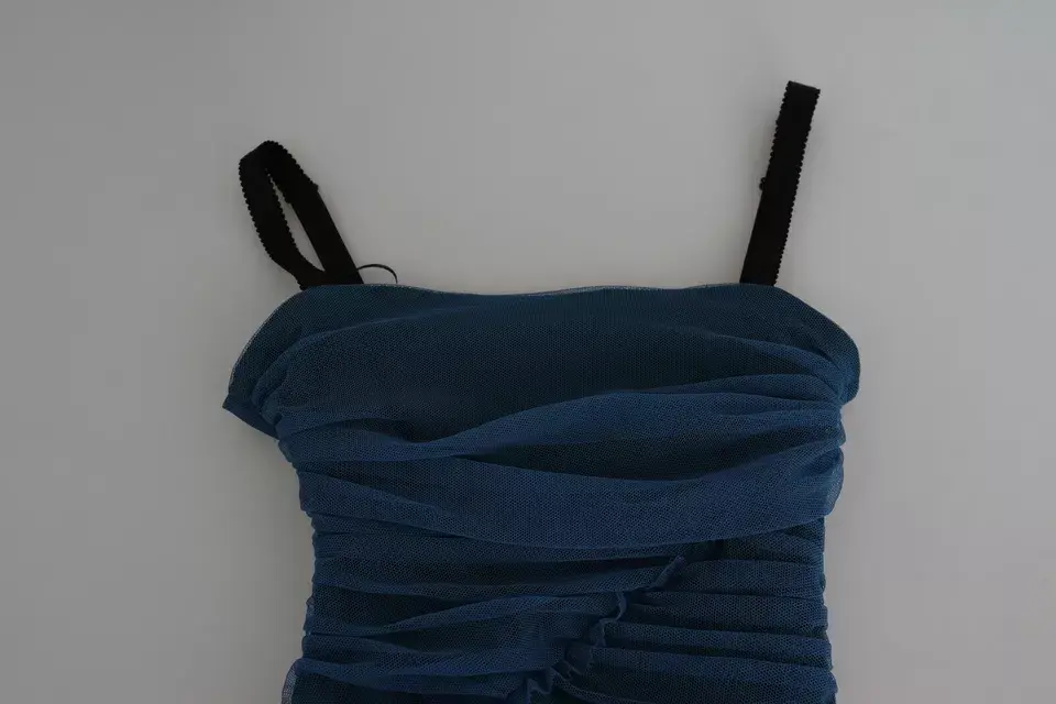 Blue Draped Tulle Midi Sheath Cotton Dress Dolce & Gabbana