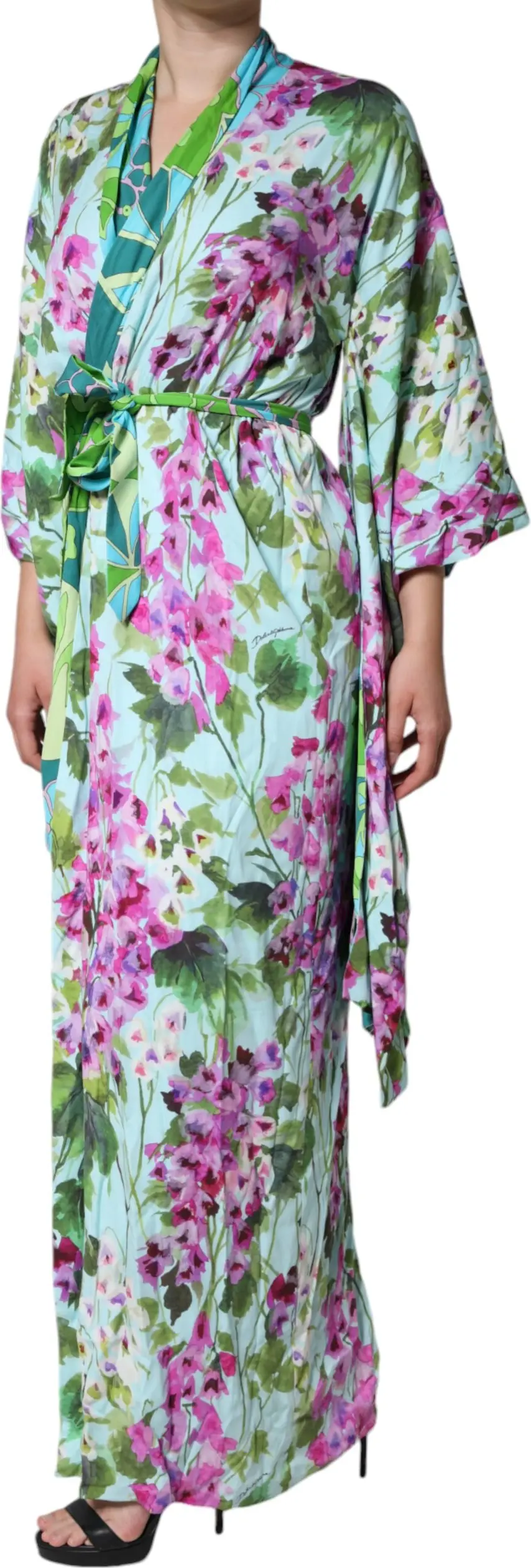 Dolce & Gabbana ko'ylagi, ko'p rangli gulli ipak cho'ziluvchan o'rashli ko'ylak