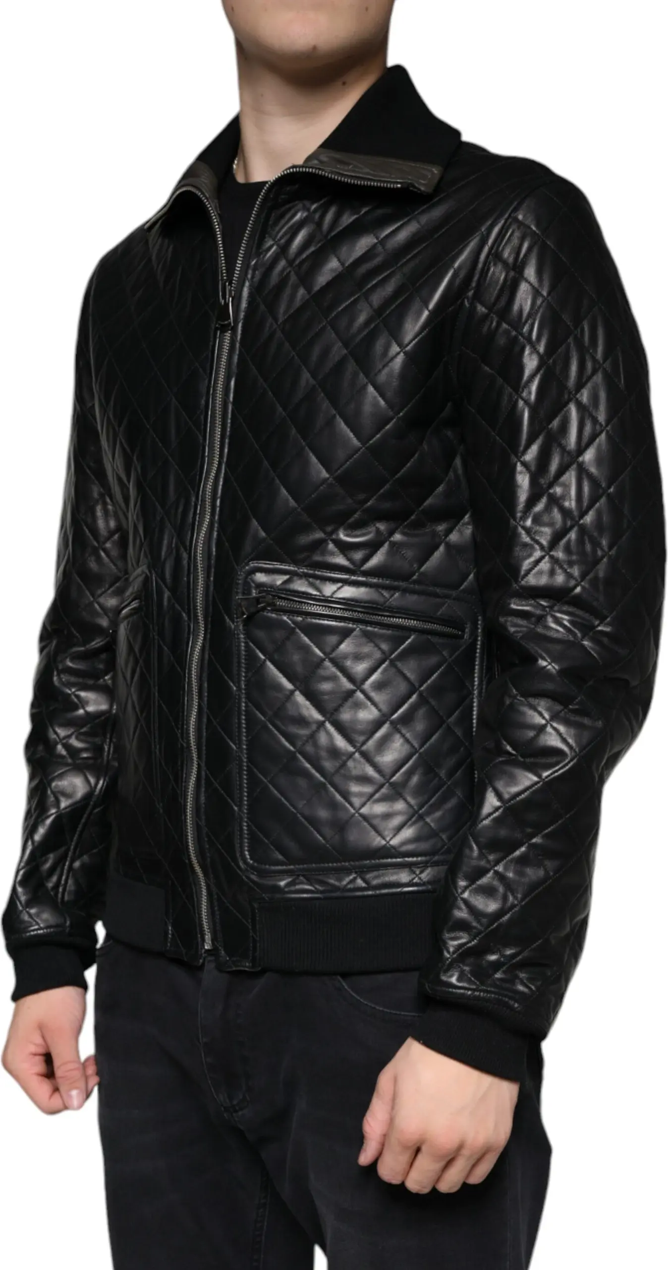 Black Calf Leather Quilted Full Zip Jacket Dolce & Gabbana