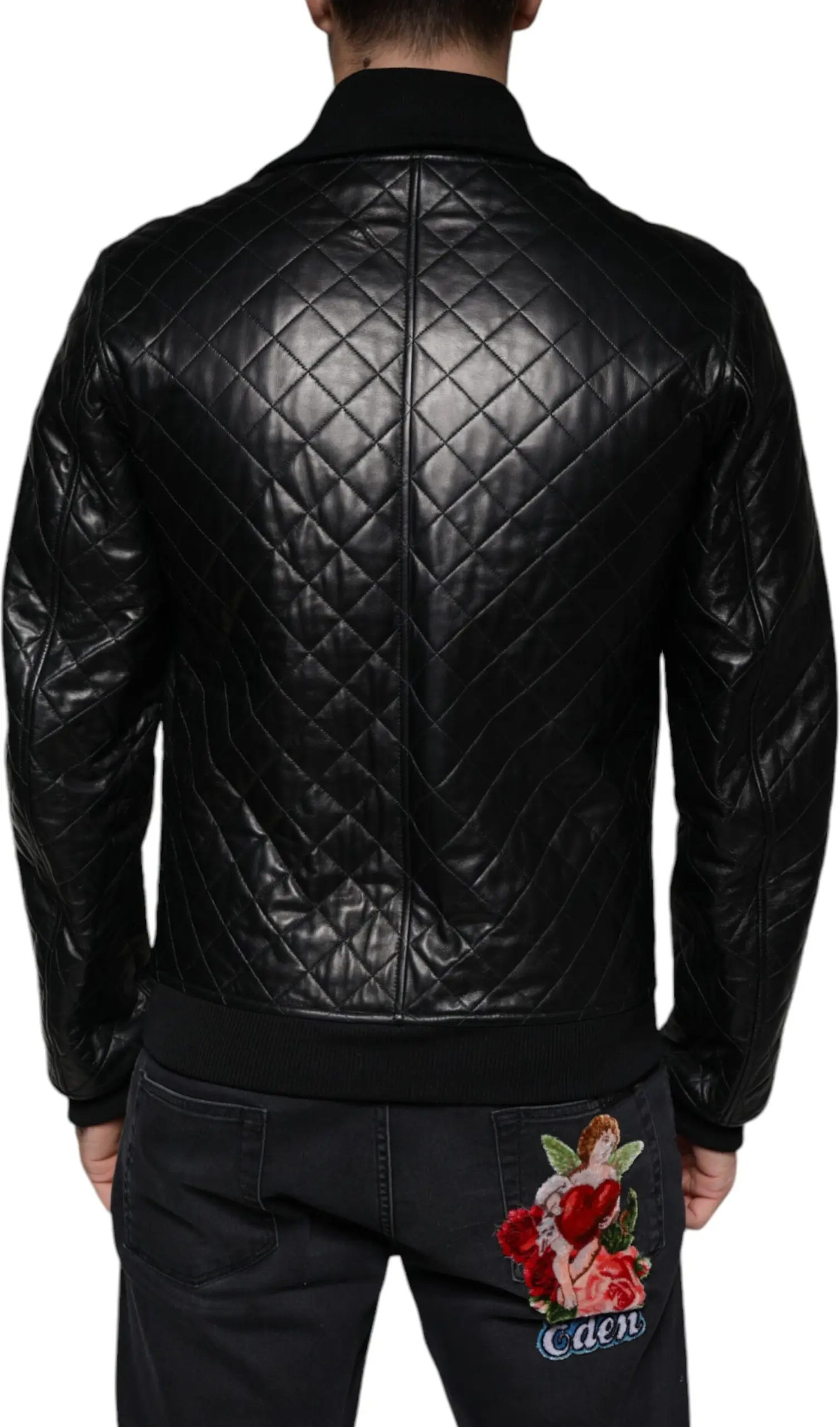 Black Calf Leather Quilted Full Zip Jacket Dolce & Gabbana