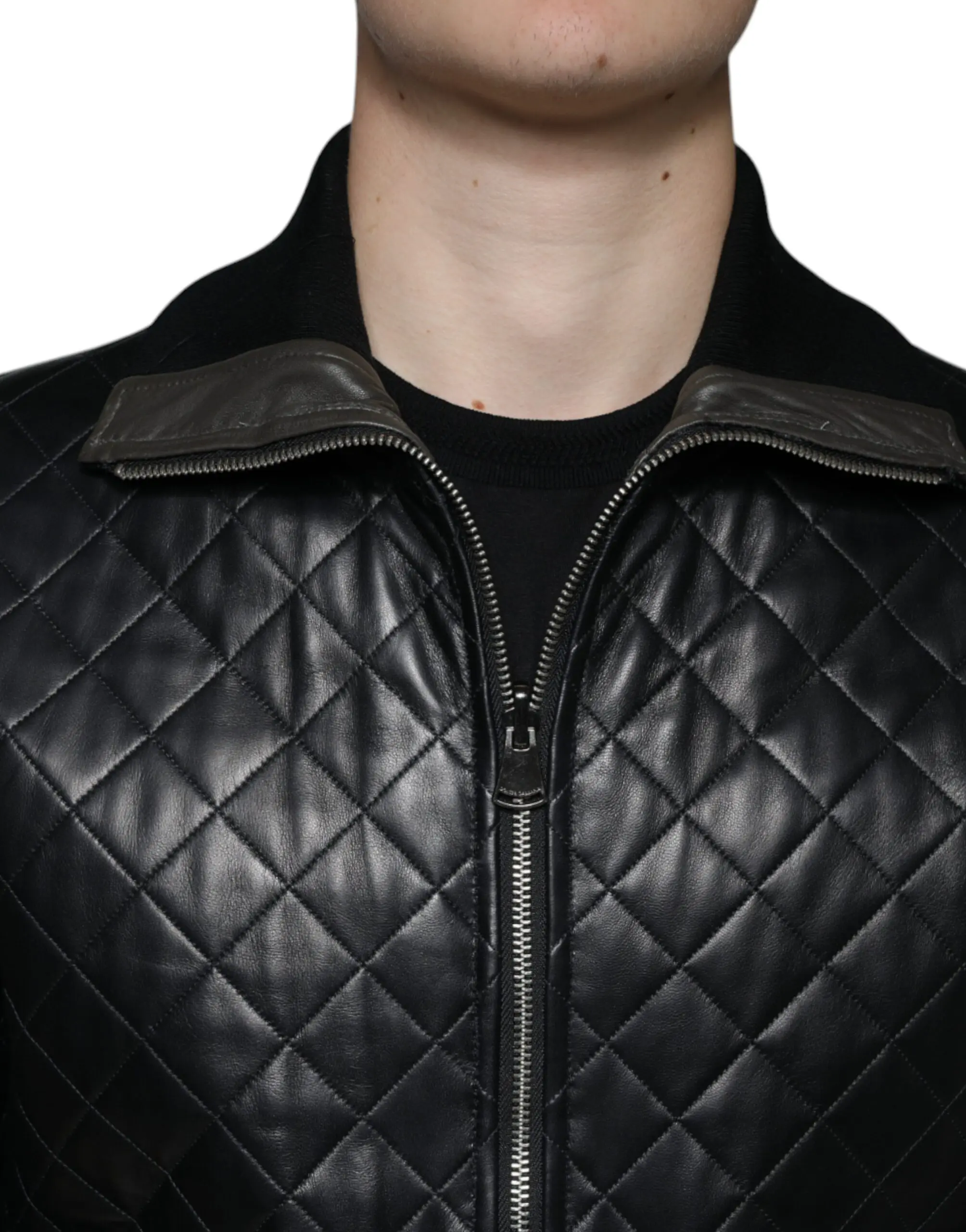 Black Calf Leather Quilted Full Zip Jacket Dolce & Gabbana