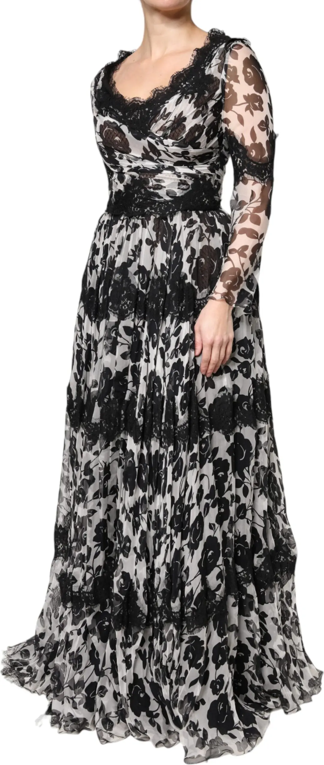 Dolce & Gabbana Черное шелковое платье макси с цветочным кружевом Ricamo