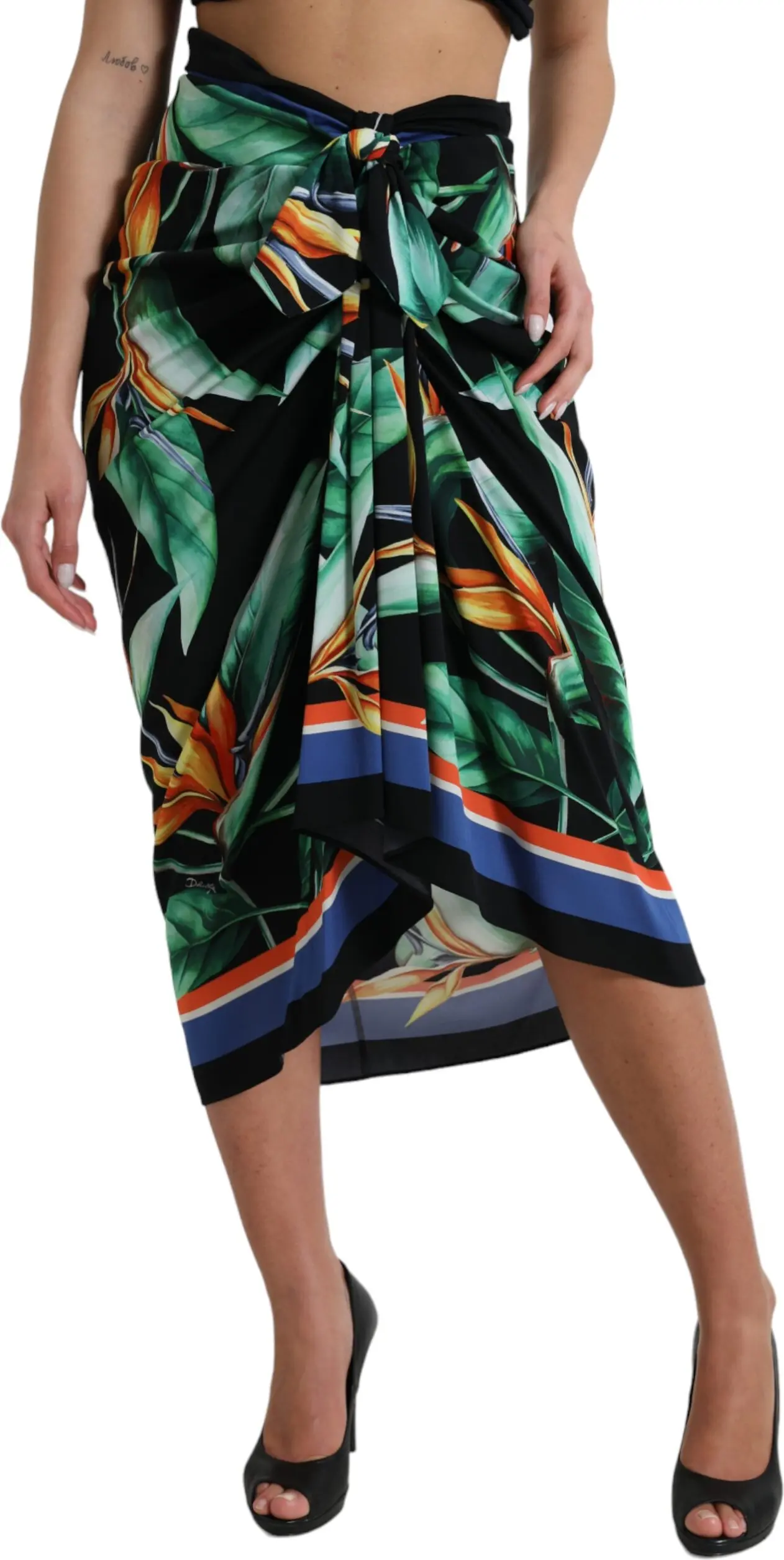 Black Strelitzia High Waist Wrap Midi Skirt Dolce & Gabbana