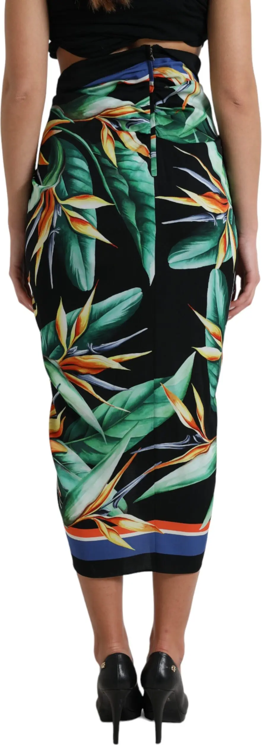 Black Strelitzia High Waist Wrap Midi Skirt Dolce & Gabbana
