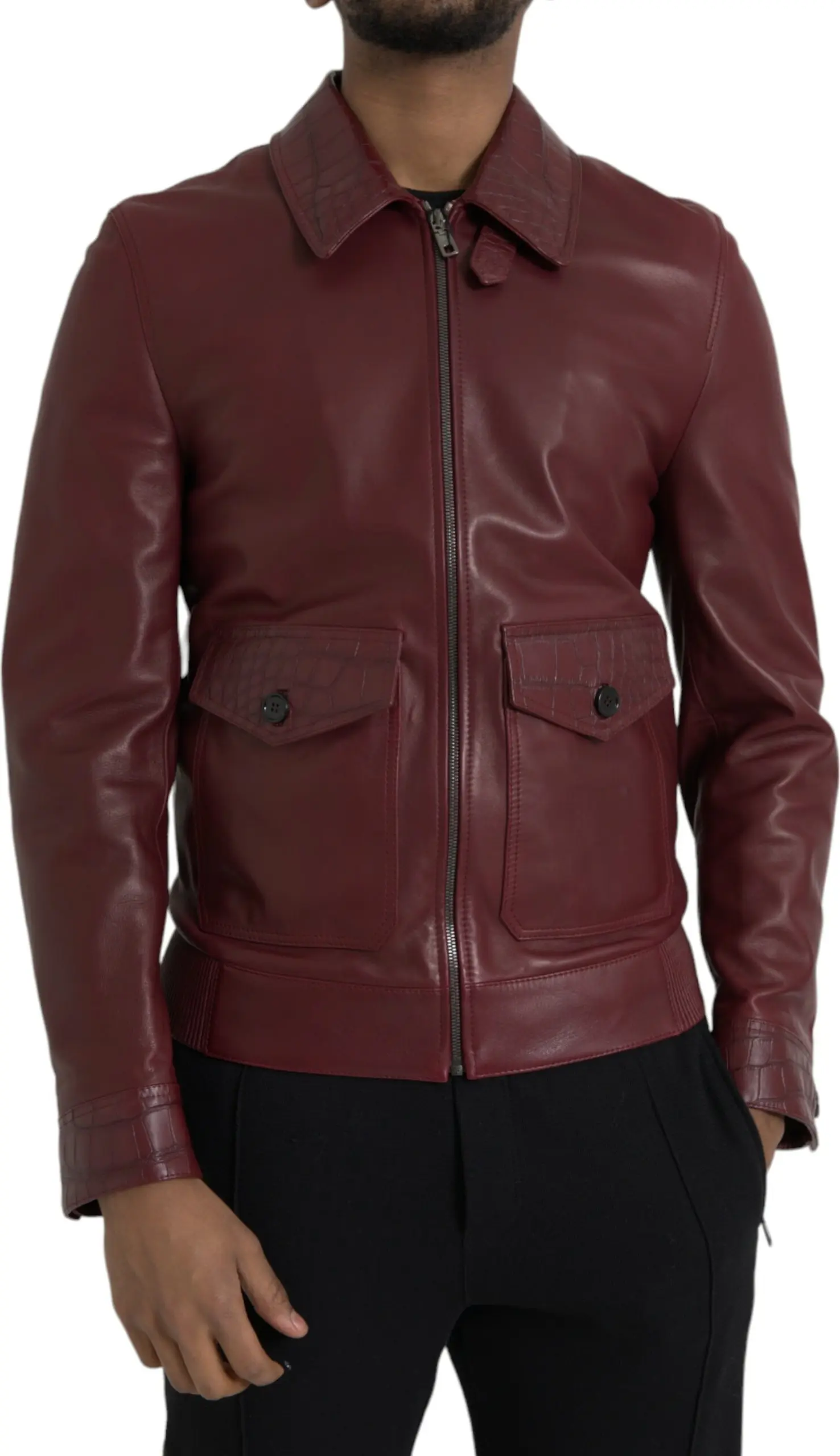 Maroon Exotic Leather Zip Biker Coat Jacket Dolce & Gabbana