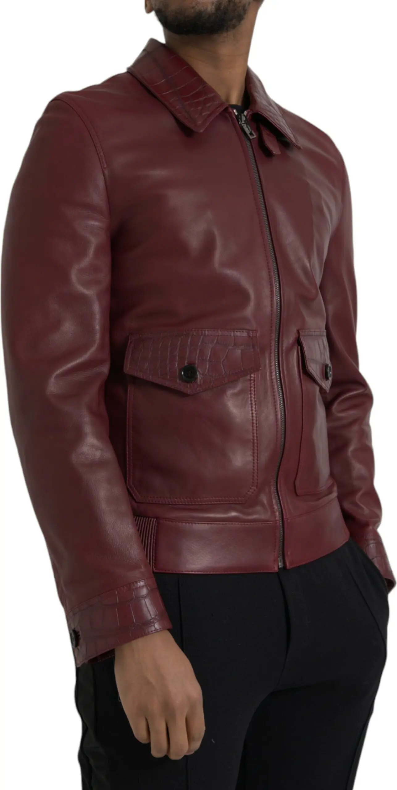 Maroon Exotic Leather Zip Biker Coat Jacket Dolce & Gabbana