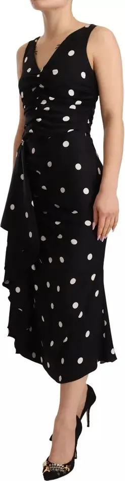 Dolce & Gabbana ko'ylagi - Qora ipak nuqtalangan V-bo'yinli shet midi ko'ylak