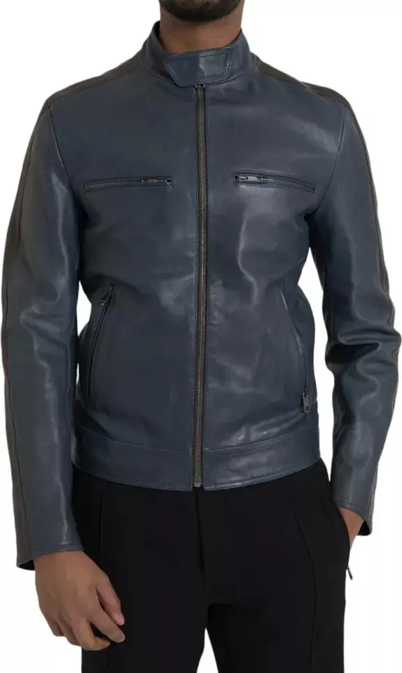 Blue Leather Full Zip Biker Blouson Jacket Dolce & Gabbana