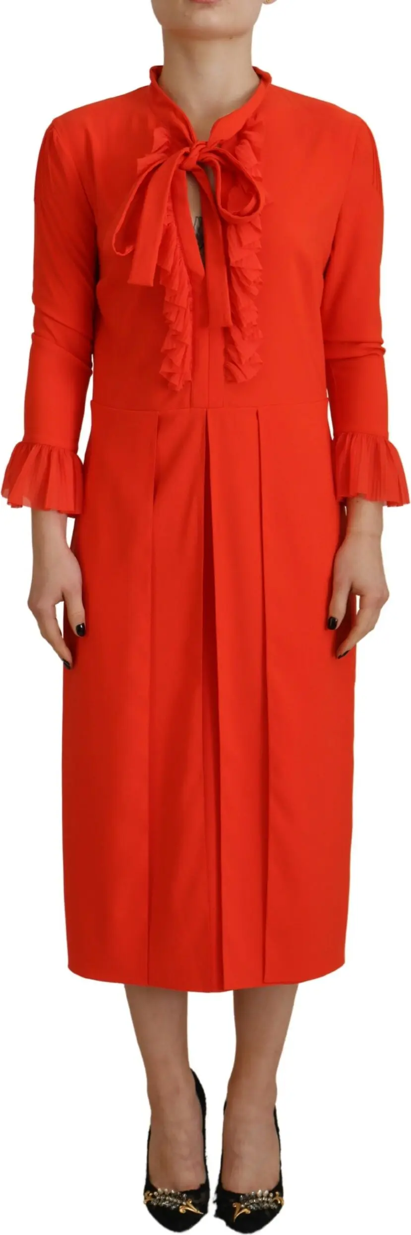 Red Polyester Long Sleeves Pleated Midi Dress Dsquared2