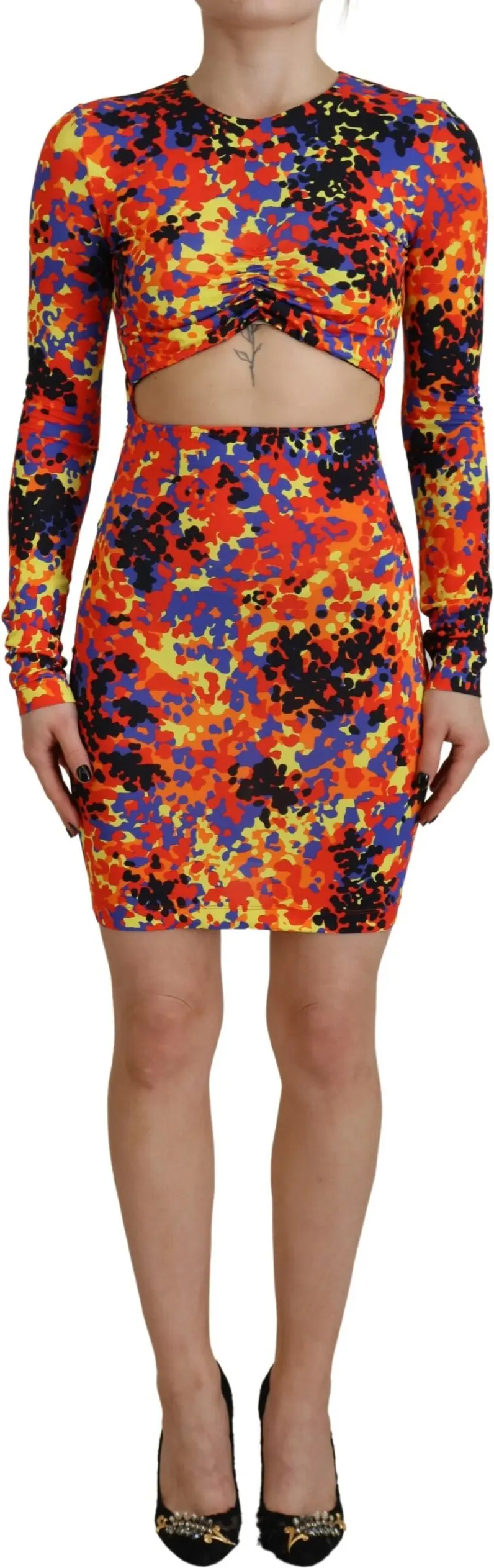 Multicolor Batik Open Belly Long Sleeves Dress Dsquared2