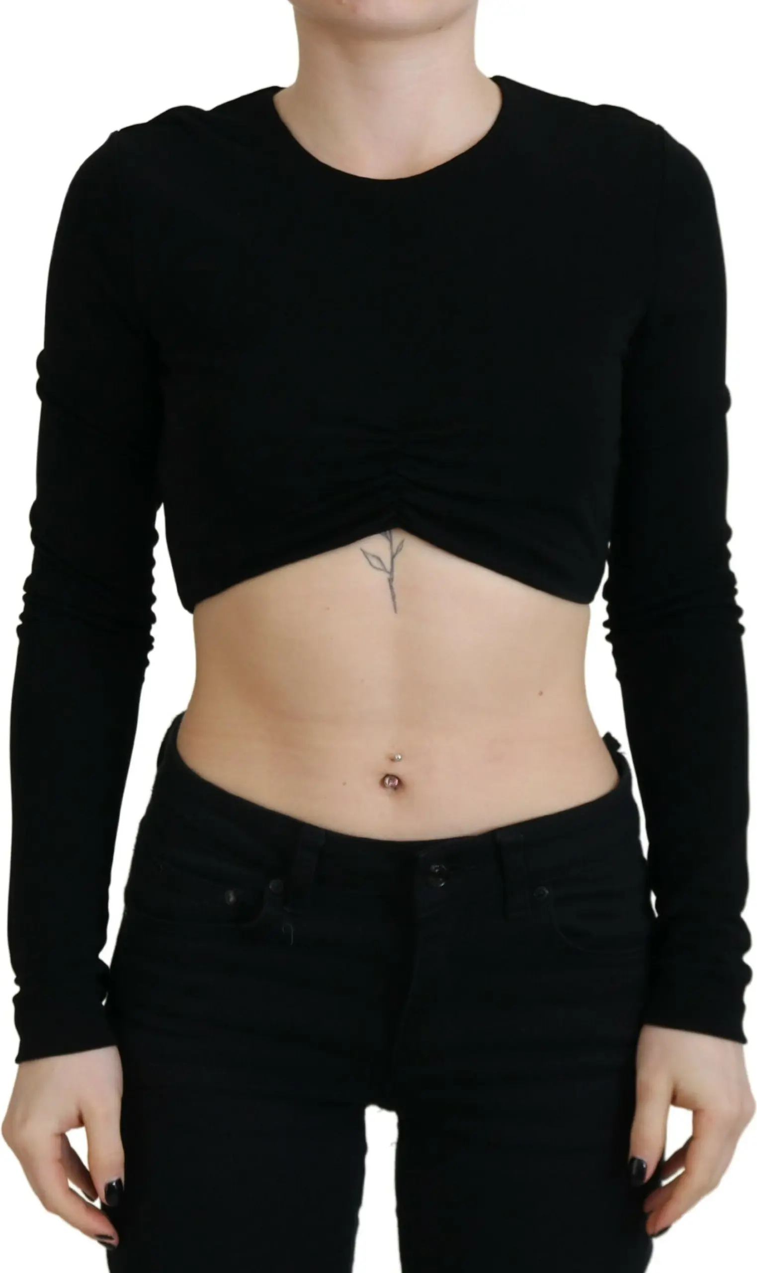 Qora Dsquared2 logotipli, yumaloq yoqali, uzun yengli, qisqa tepa