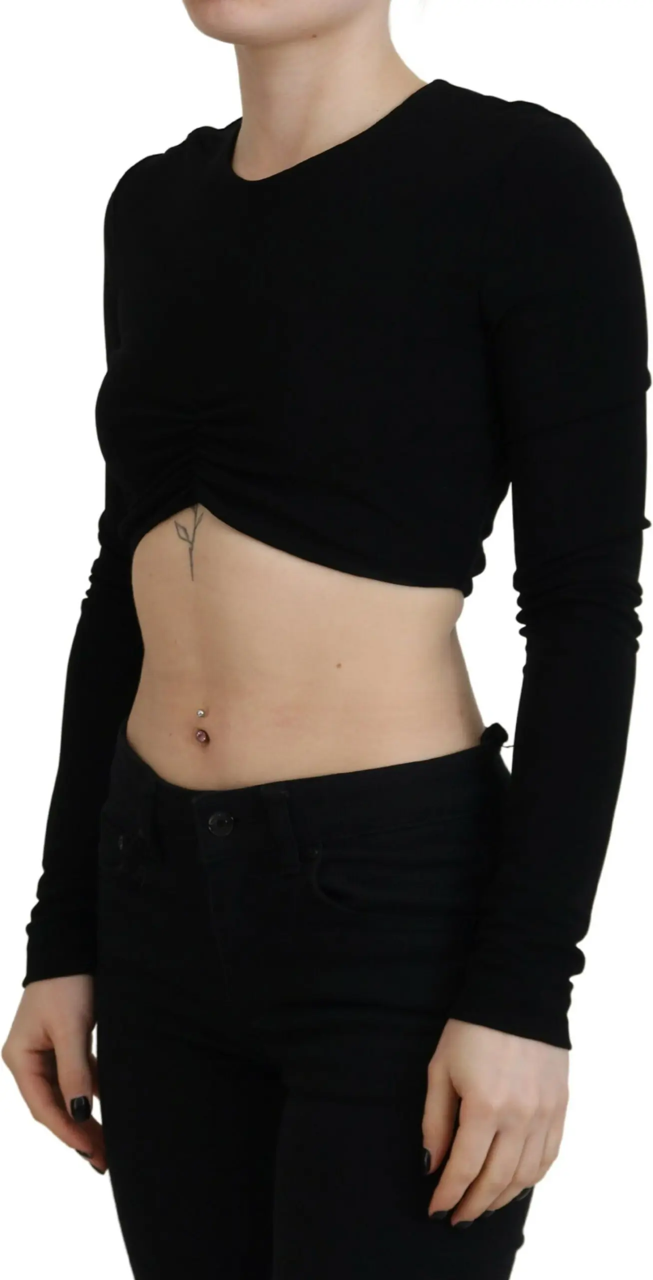 Qora Dsquared2 logotipli, yumaloq yoqali, uzun yengli, qisqa tepa
