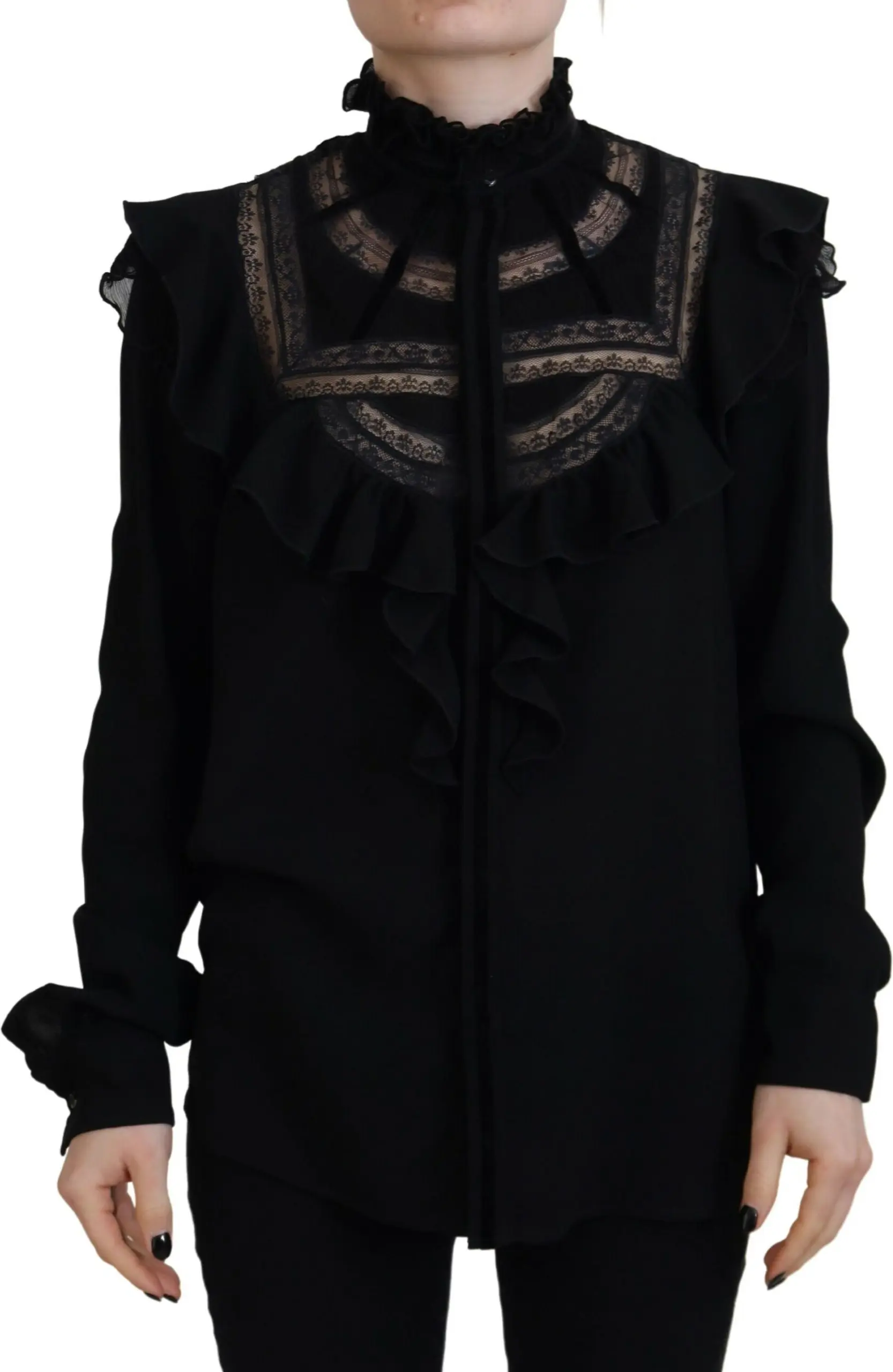 Qora dantelli, baland yaxlagi (turtle neck)li, yengli Dsquared2 ustki kiyimi
