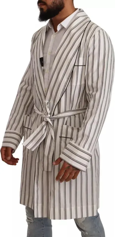 White Striped Cotton Robe Coat Wrap Jacket Dolce & Gabbana