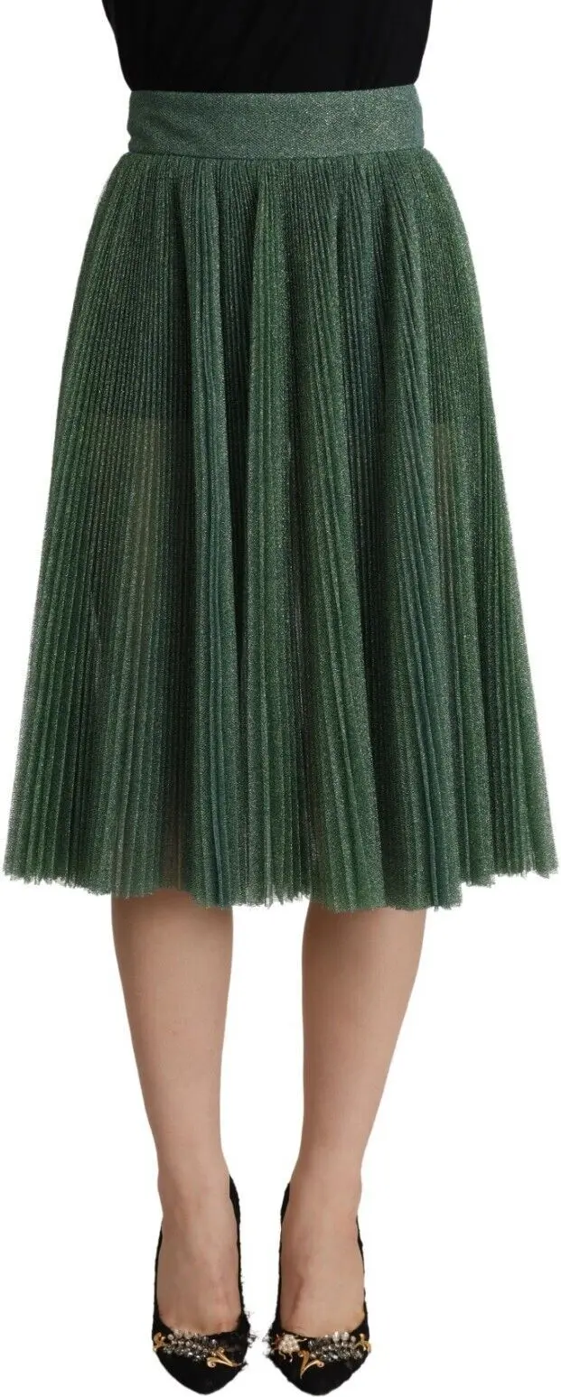 Metallic Green High Waist A-line Pleated Skirt Dolce & Gabbana