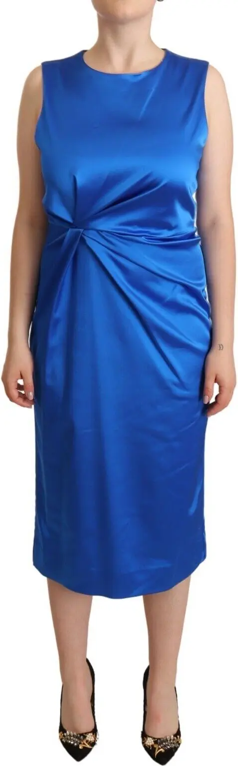 Blue Acetate Sleeveless Pleated Midi Sheath Dress by P.A.R.O.S.H.