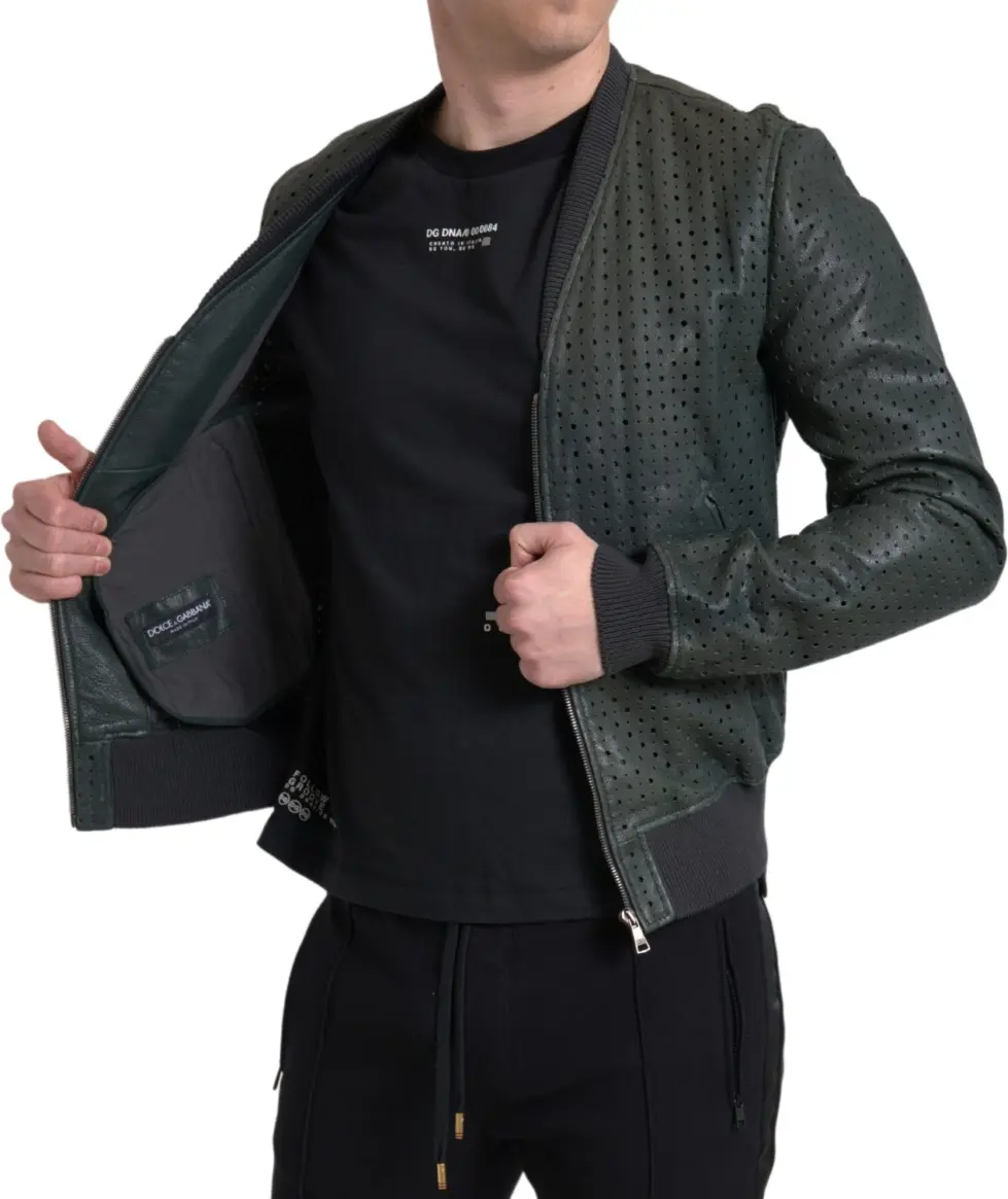 Green Perforated Leather Bomber Jacket Dolce & Gabbana