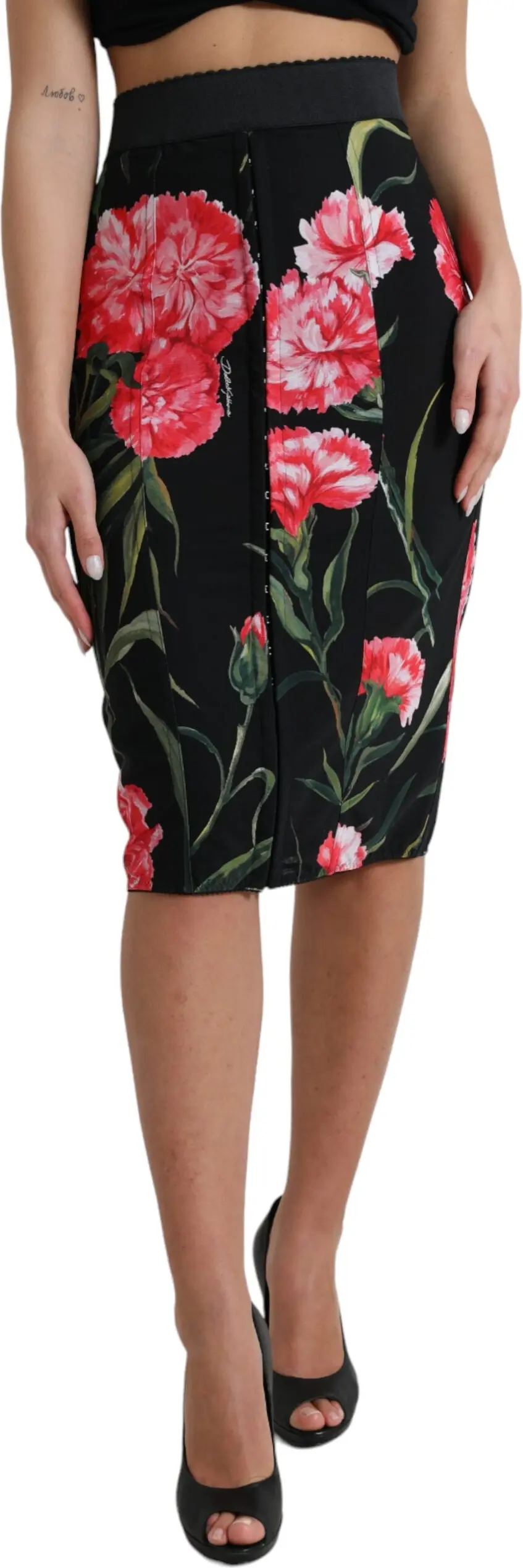 Black Carnation Pencil Cut Knee Length Skirt Dolce & Gabbana