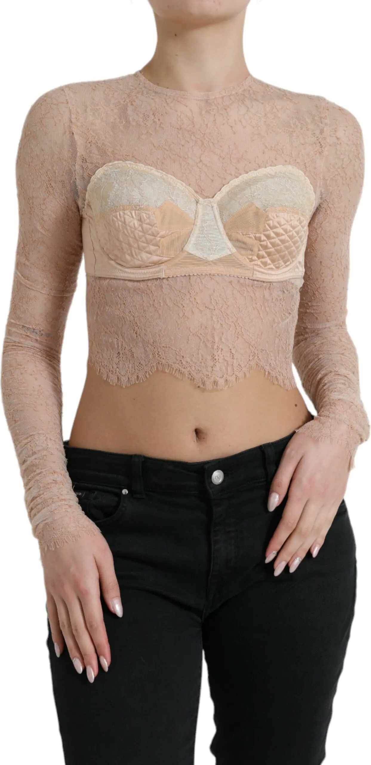 Dolce & Gabbana Beige Nylon Floral Lace Bustier Cropped Top
