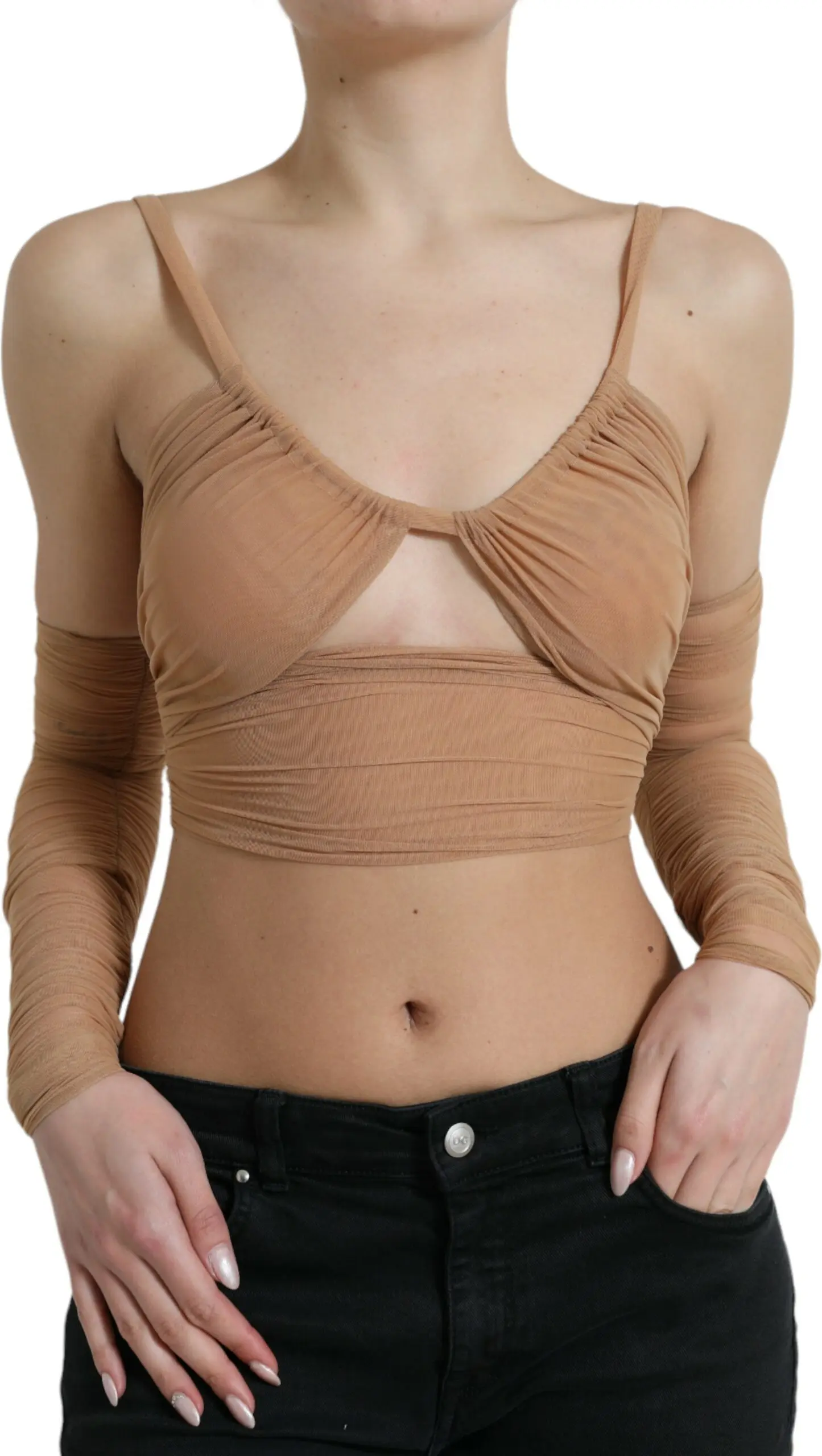 Dolce & Gabbana dan ochiq yelkali jigarrangli neylonli strech cropped top