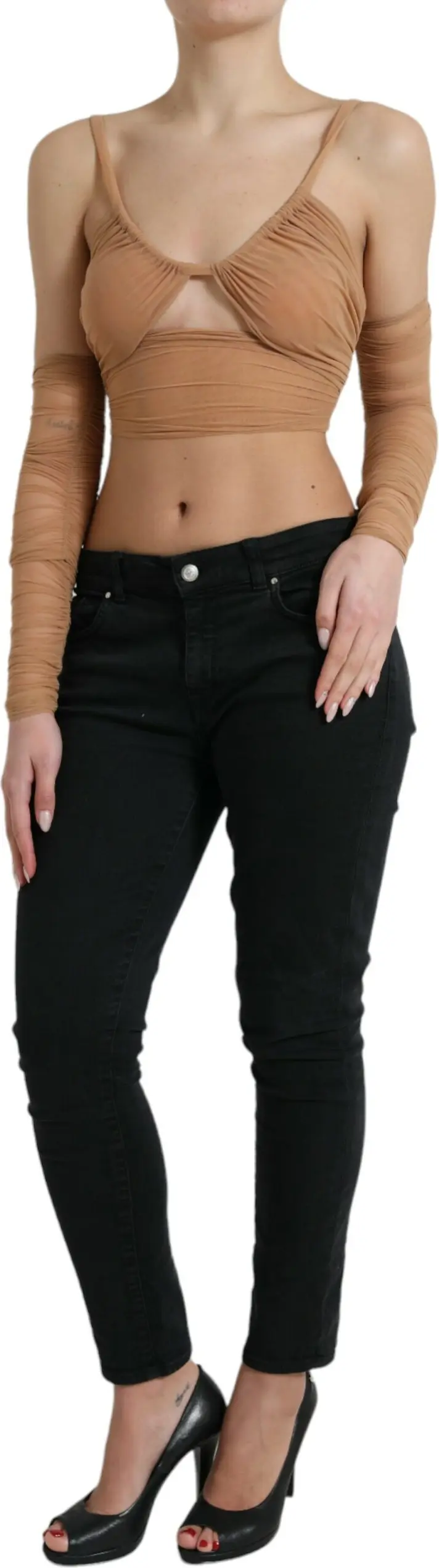 Brown Nylon Stretch Open Shoulder Cropped Top Dolce & Gabbana