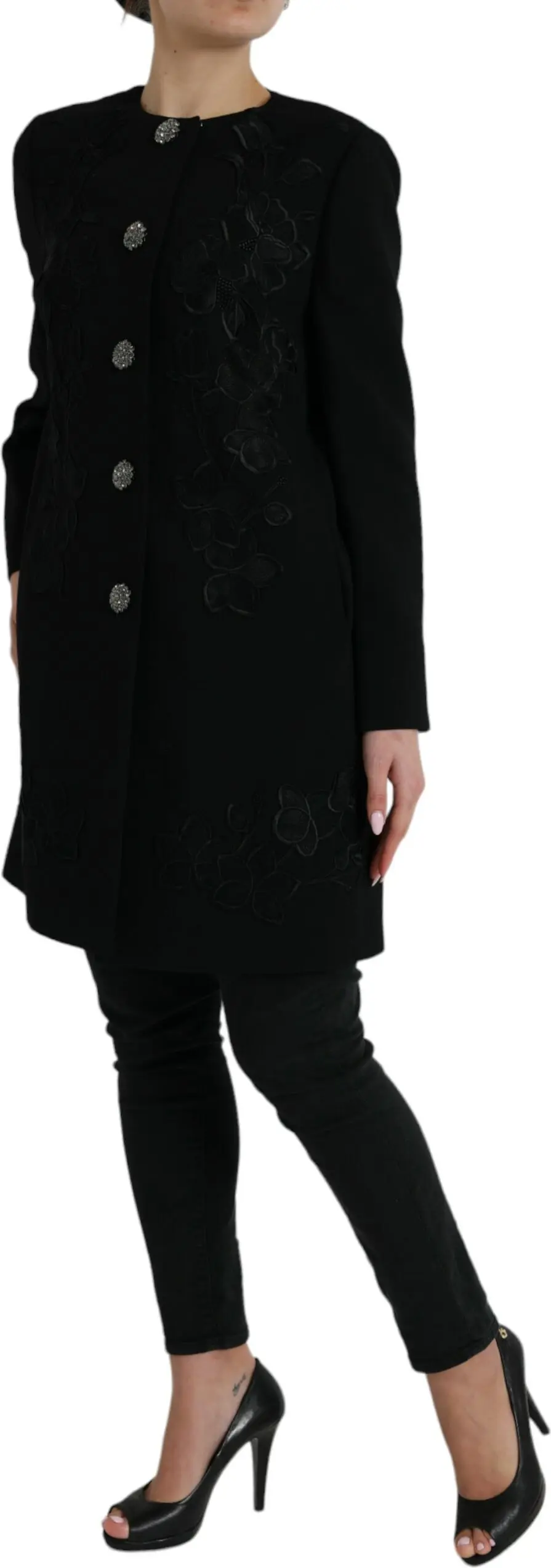Black Floral Wool Button Embellished Jacket