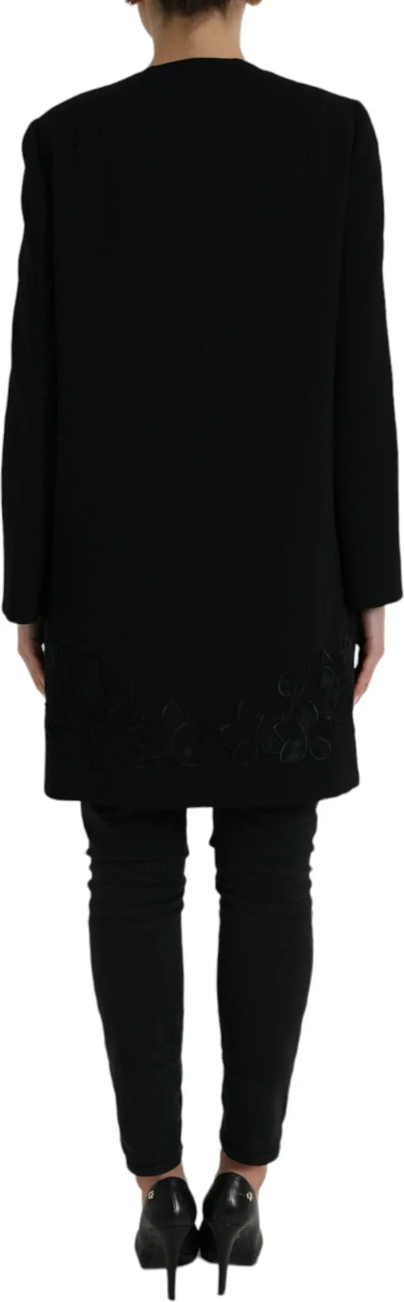 Black Floral Wool Button Embellished Jacket
