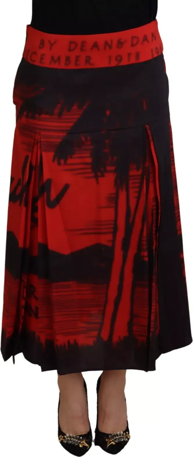 Red Printed High Waist A-line Pleated Midi Skirt Dsquared2