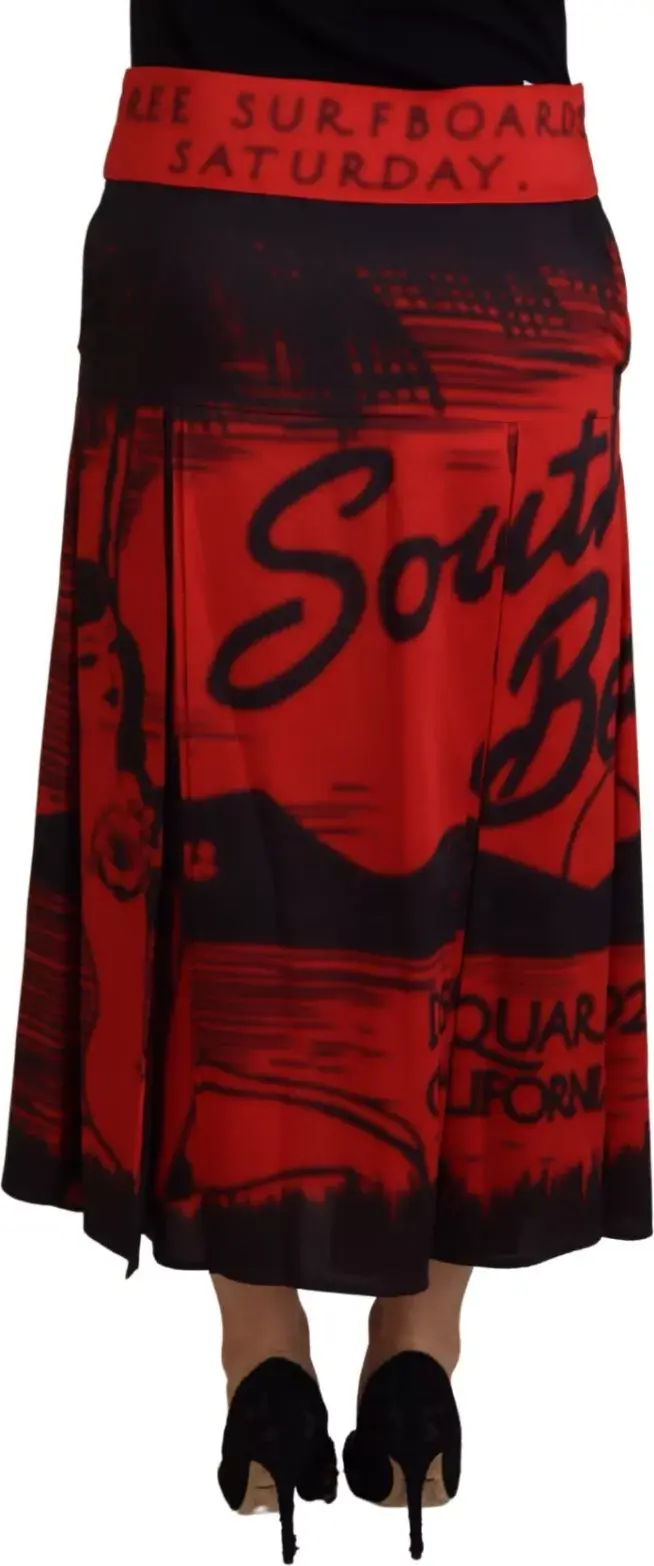 Red Printed High Waist A-line Pleated Midi Skirt Dsquared2