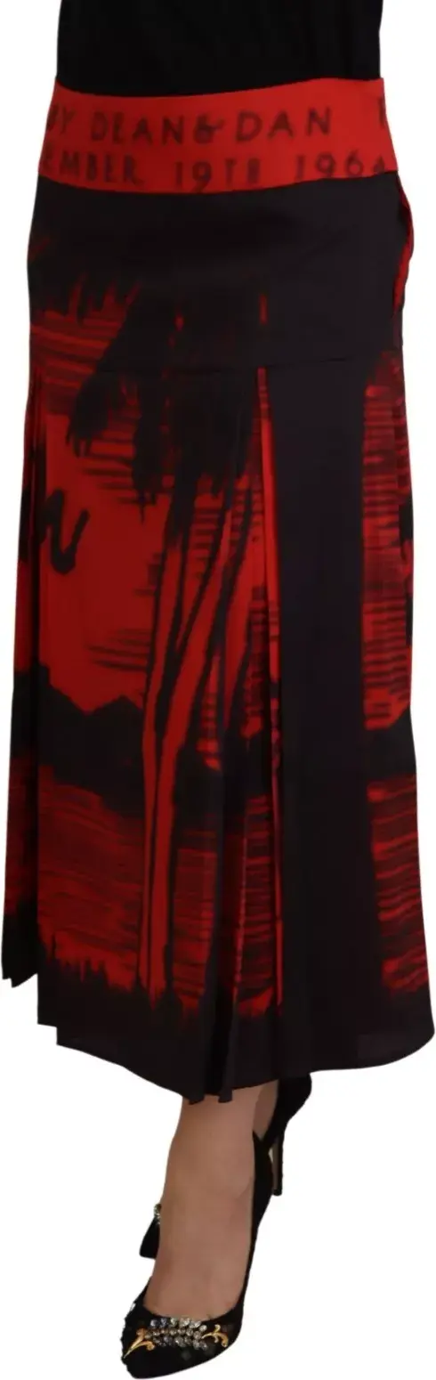 Red Printed High Waist A-line Pleated Midi Skirt Dsquared2