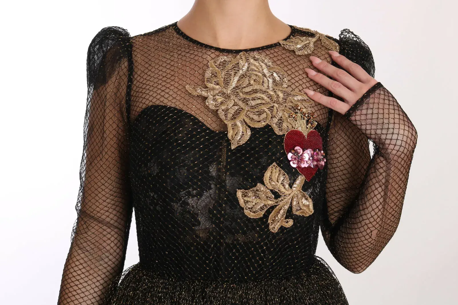 Платье Dolce & Gabbana Черное Золотое Платье А-силуэта с Сердцем из Кристаллов