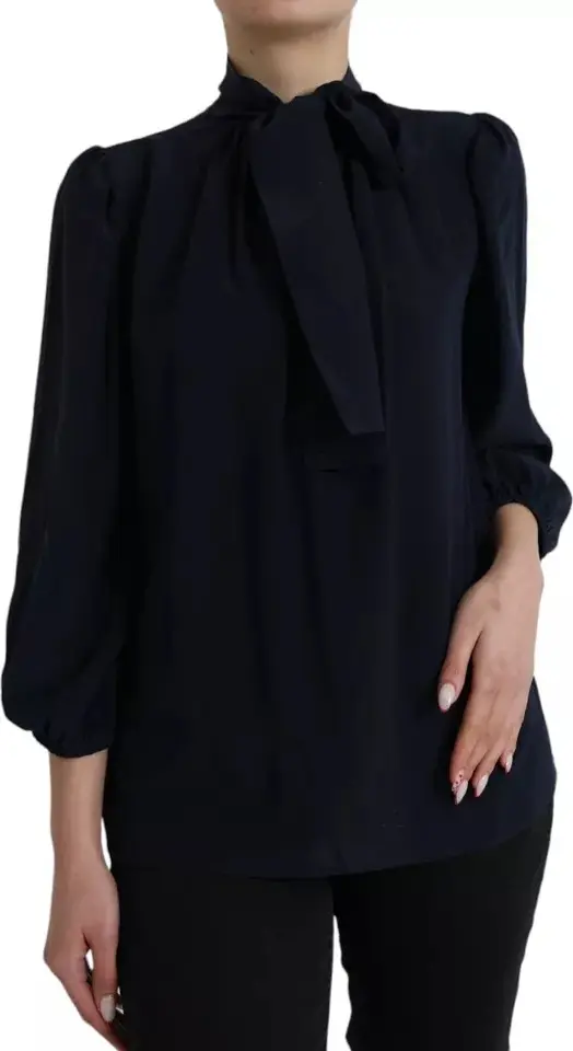 Moviy Uzun Yengli Ascot Yoqali Bluzka Dolce & Gabbana