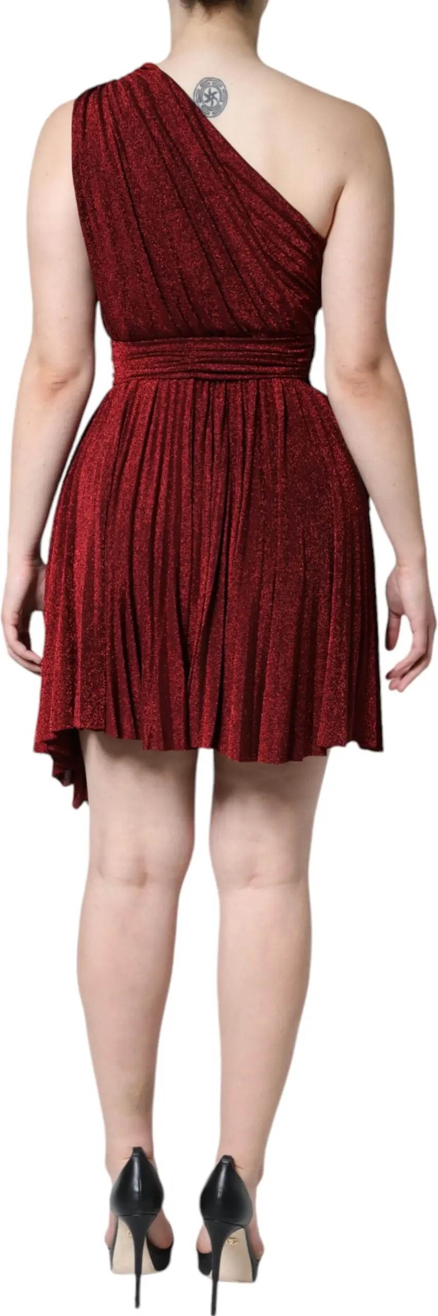 Qizil Dolce & Gabbana yengsiz bir yelkali buklangan A-line mini ko'ylak