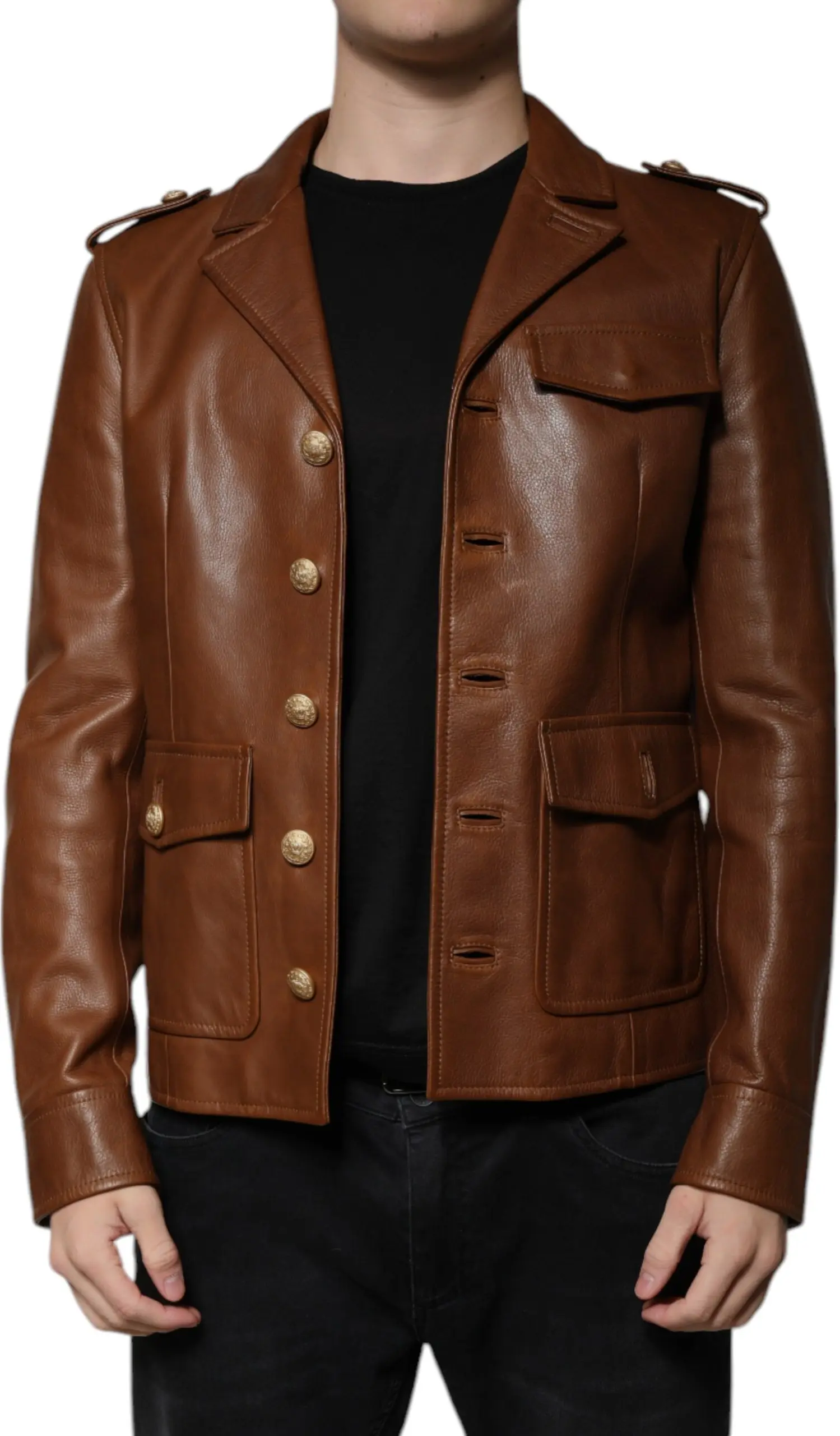 Brown Calfskin Leather Button Down Jacket Dolce & Gabbana