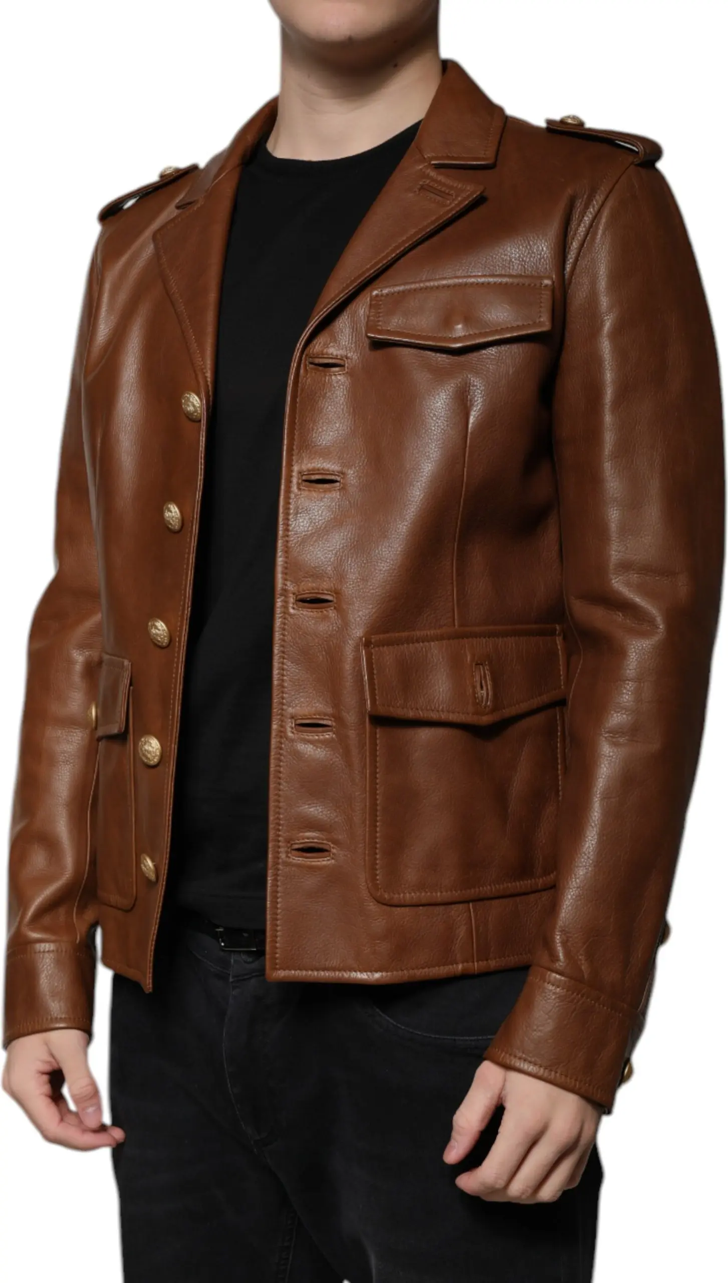 Brown Calfskin Leather Button Down Jacket Dolce & Gabbana