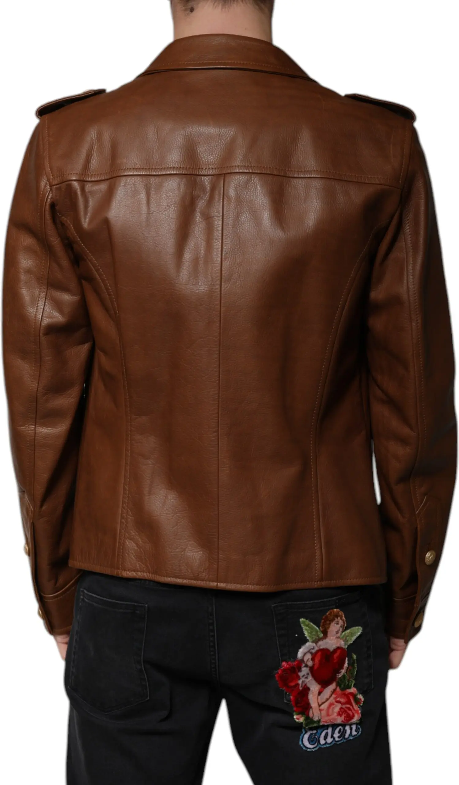 Brown Calfskin Leather Button Down Jacket Dolce & Gabbana