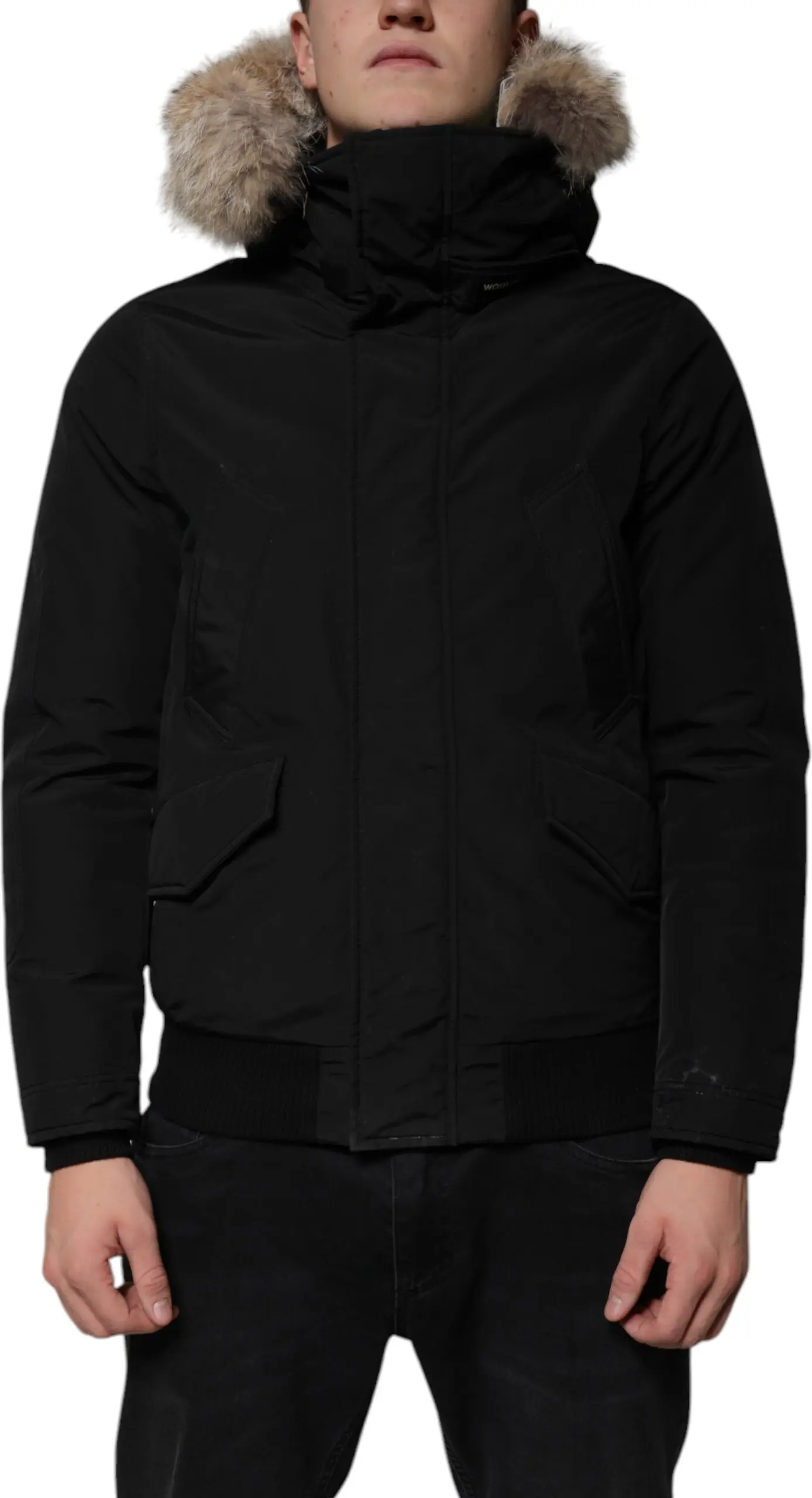 Black Hooded Long Sleeves Fur Shearling Coat Jacket Woolrich