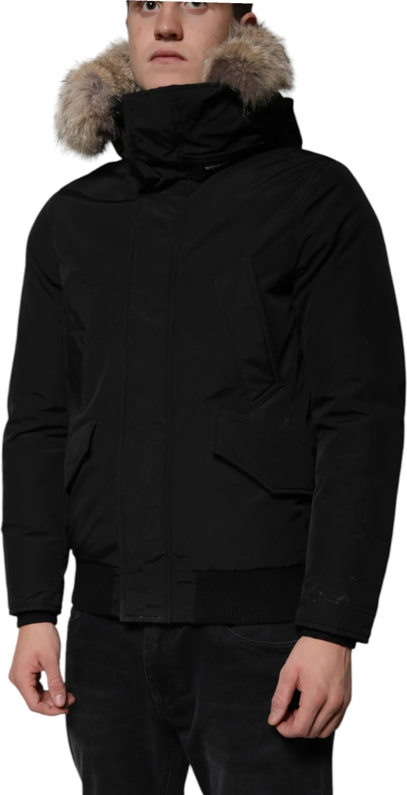 Woolrich dan qora kapyushonli, uzoq yengli, mo'ynali po'stinli palto-yengil kurtka