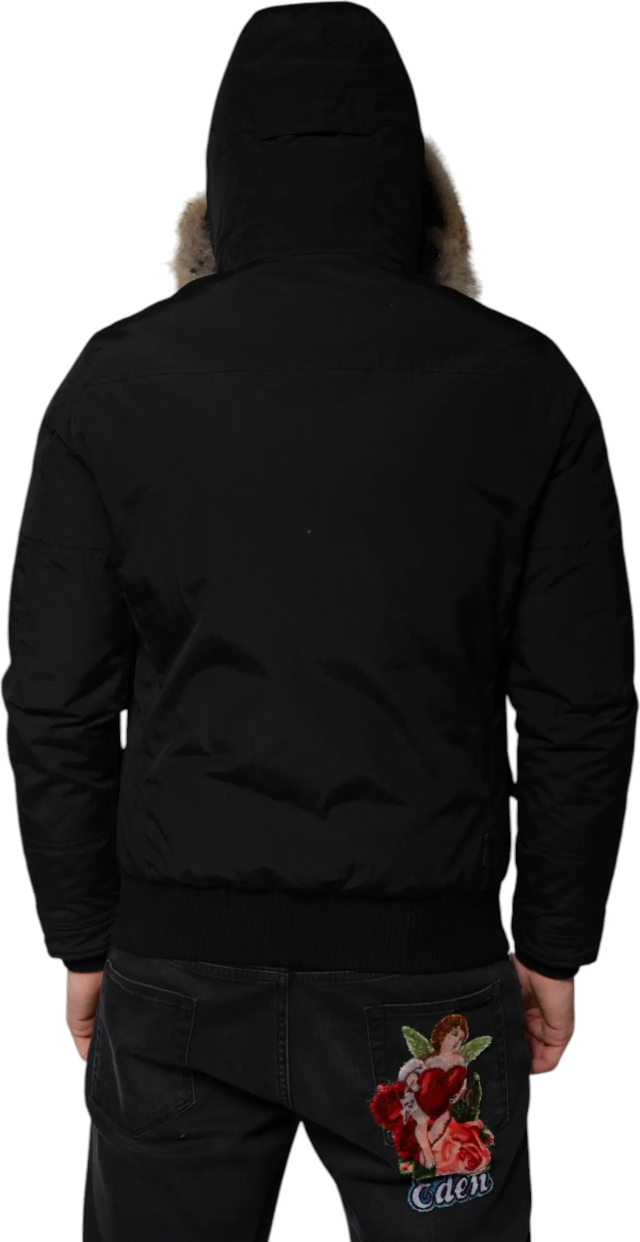 Woolrich dan qora kapyushonli, uzoq yengli, mo'ynali po'stinli palto-yengil kurtka