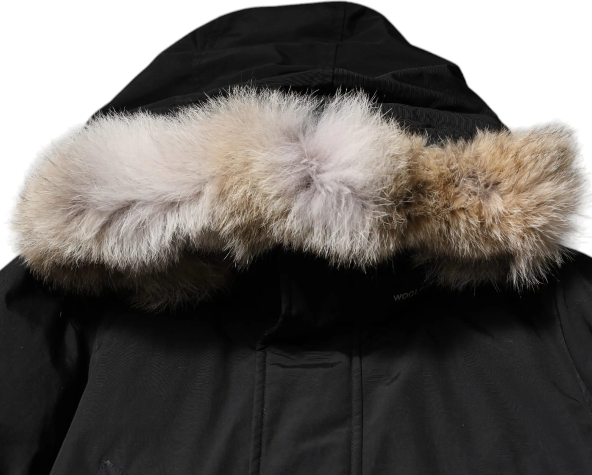 Woolrich dan qora kapyushonli, uzoq yengli, mo'ynali po'stinli palto-yengil kurtka